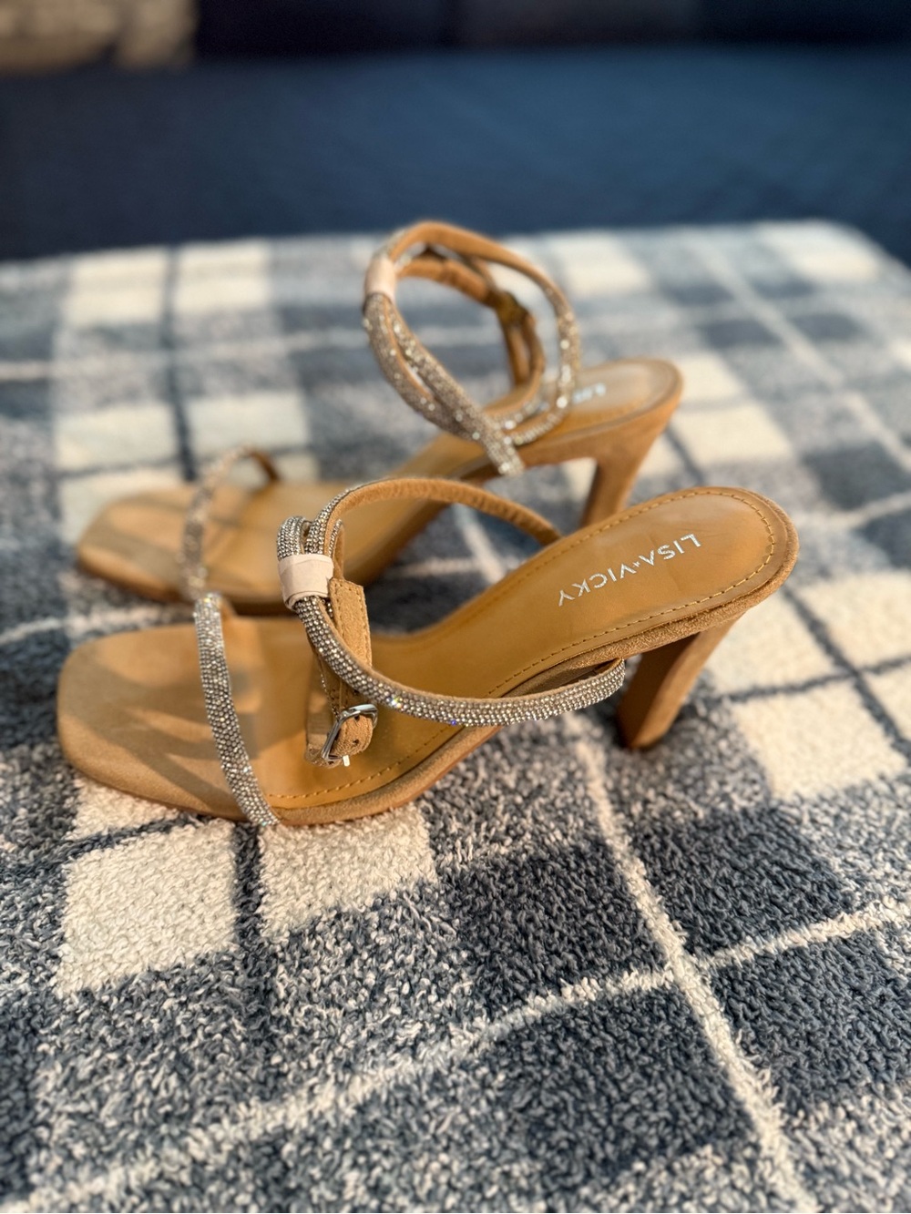 Lisa-Vicky Tan Rhinestone Strappy Mid-Heel Sandals